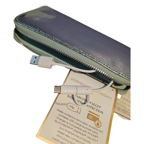 Adrienne Vittadini Studio Charging Zip Around Wallet Mint Crackled Metallic NWT - Picture 4 of 8